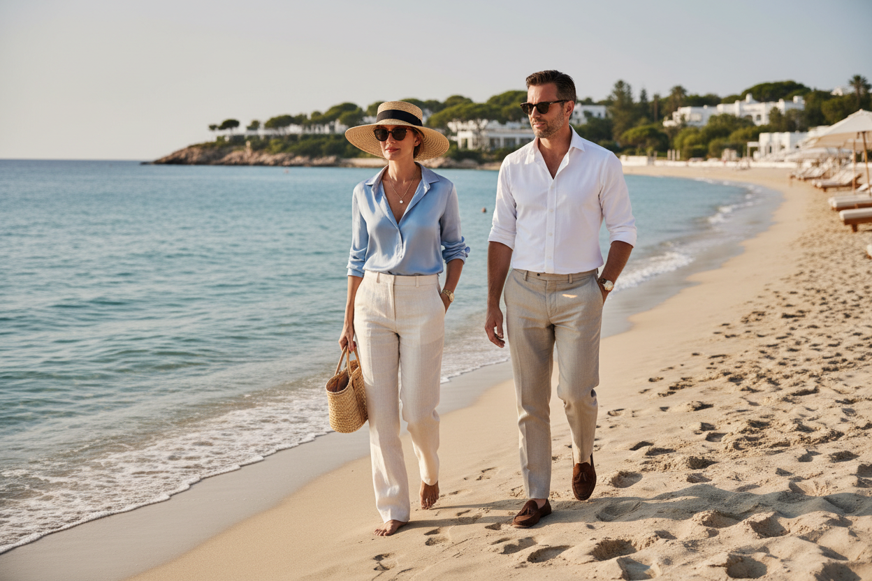 imagem de um casal na praia usando roupas old money verão europeu 